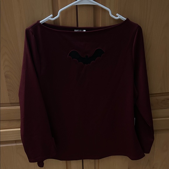 Unique Vintage Tops - Unique Vintage Maroon Long Sleeve Top with Black Bat Cutout